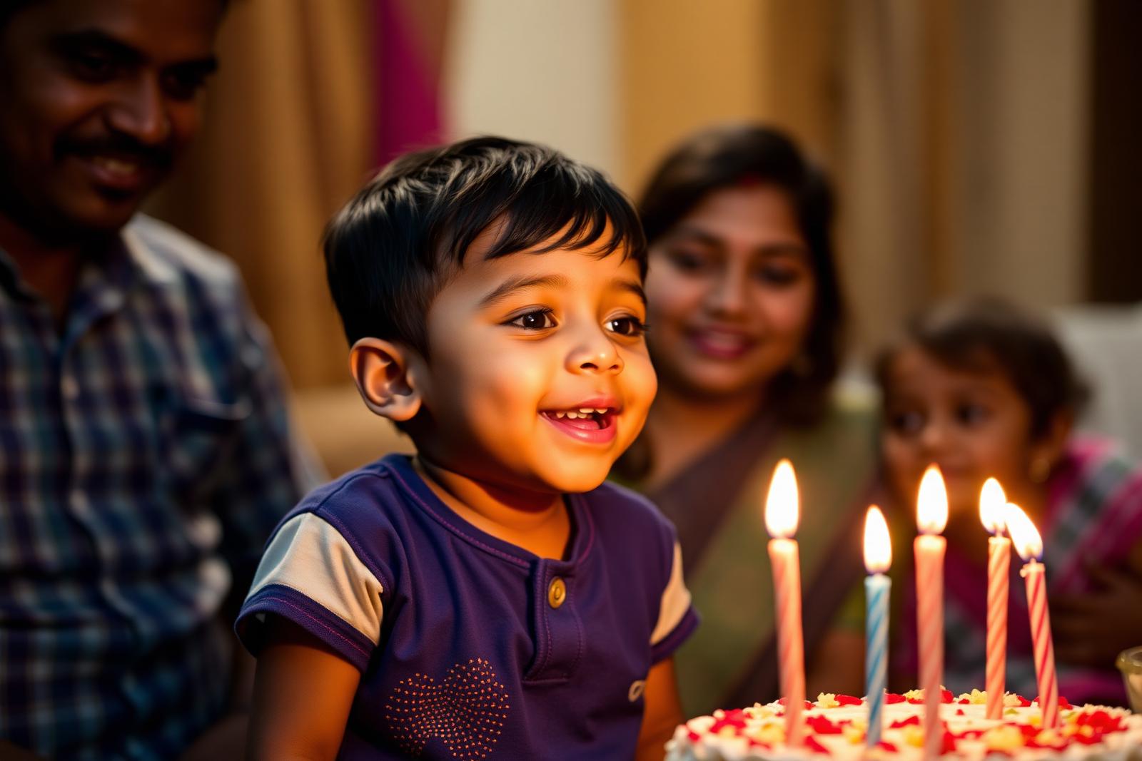Child blowing out birthday candles surrounded by family