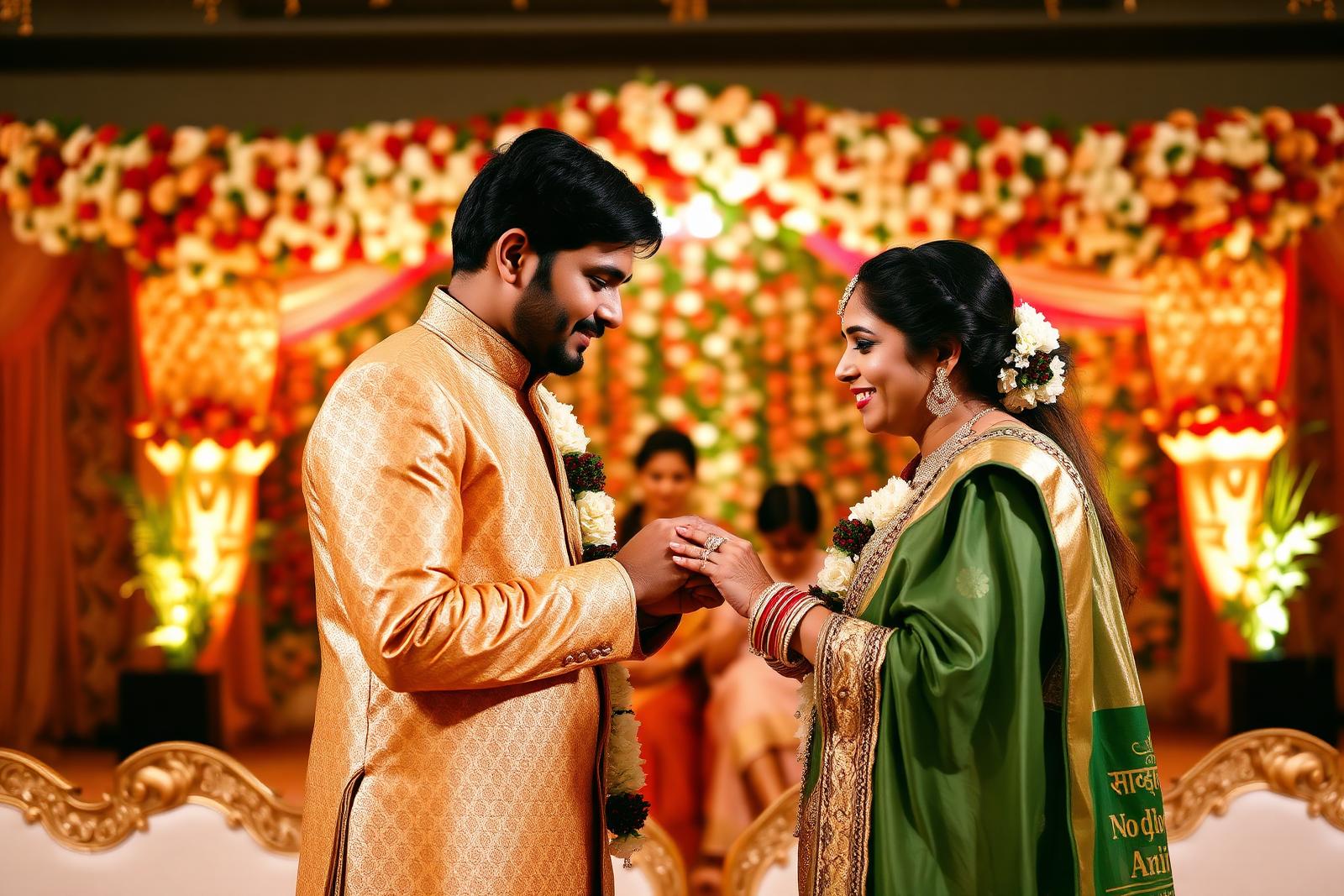 Indian couple exchanging rings at an engagement ceremony with floral stage decor