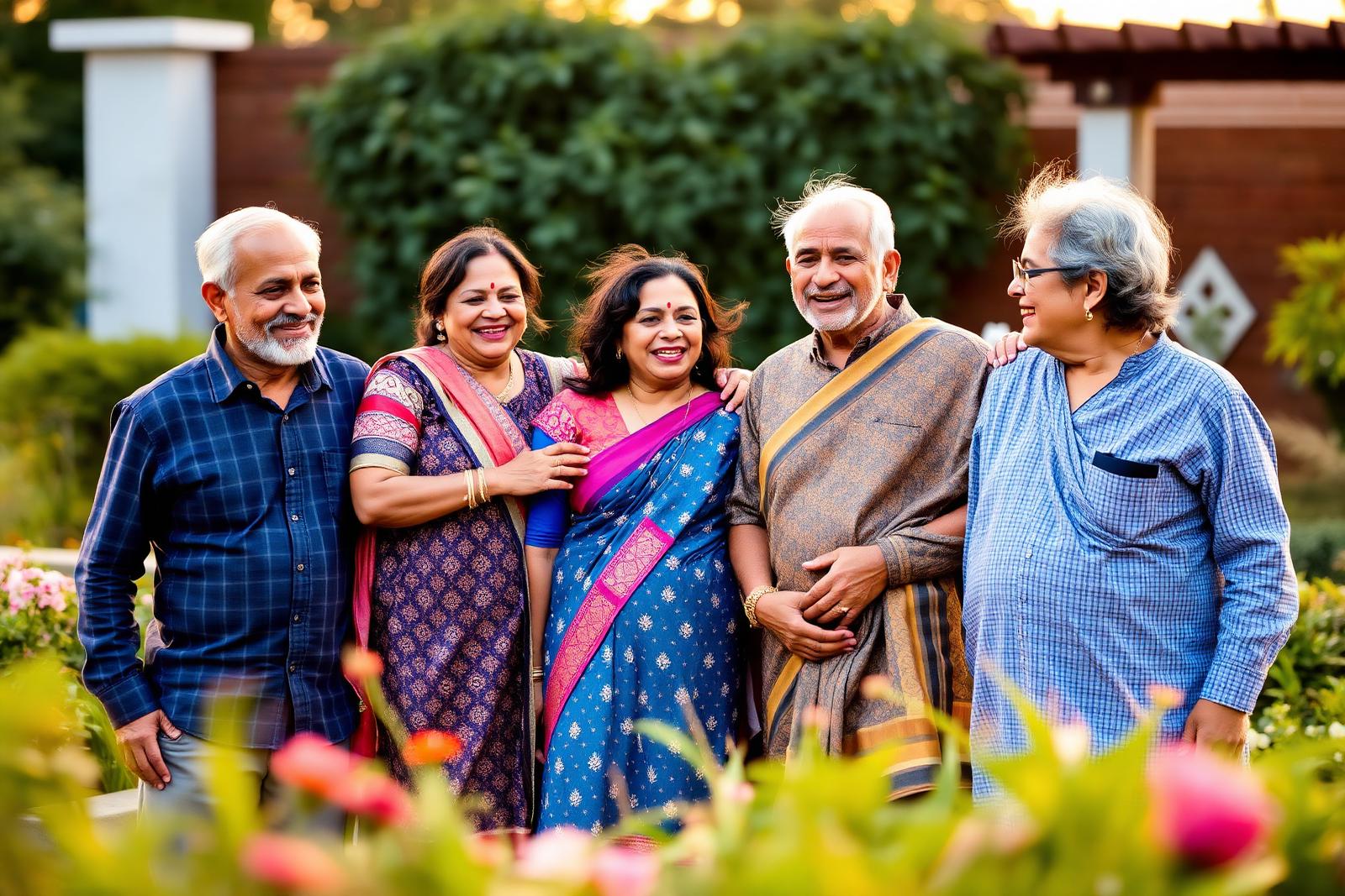 Multi-generation Indian family portrait in a garden at golden hour