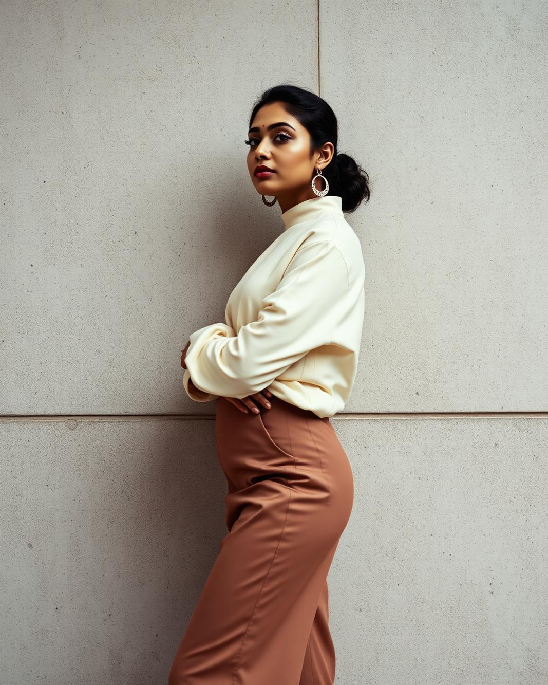 Editorial fashion photograph of a model against a concrete wall
