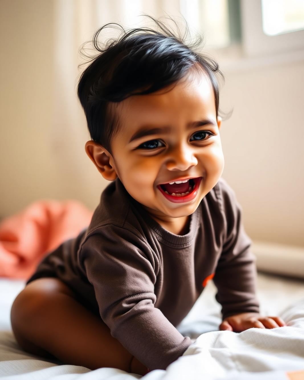 Candid photograph of a laughing toddler in morning window light