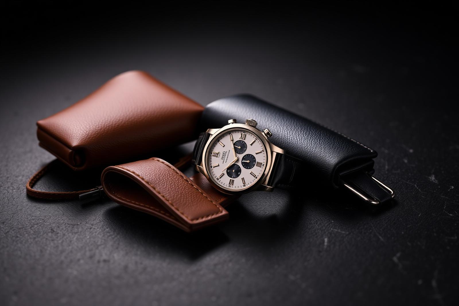 Studio product photograph of a wristwatch and leather goods