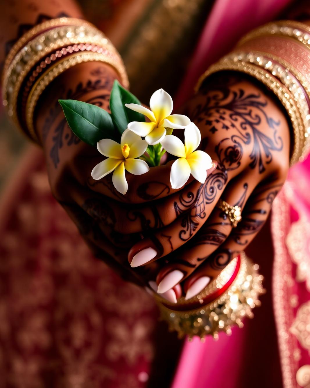 Close-up of Indian bridal hands with mehndi and gold bangles holding jasmine flowers